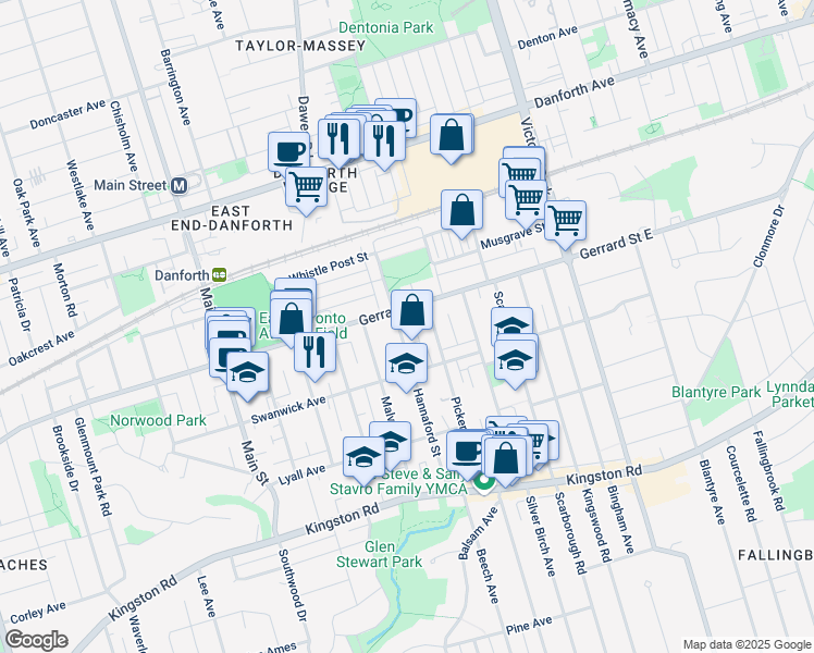 map of restaurants, bars, coffee shops, grocery stores, and more near 133 Hannaford Street in Toronto