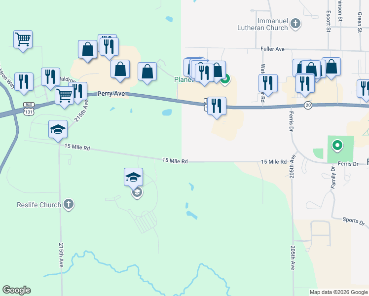 map of restaurants, bars, coffee shops, grocery stores, and more near 21175 15 Mile Road in Big Rapids Township