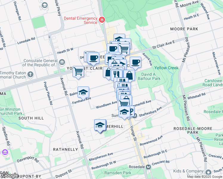 map of restaurants, bars, coffee shops, grocery stores, and more near 24 Farnham Avenue in Toronto