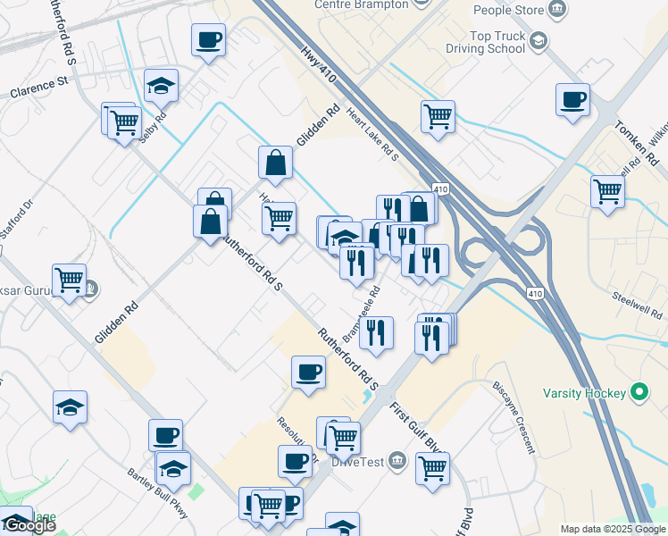 map of restaurants, bars, coffee shops, grocery stores, and more near 26 Hale Road in Brampton