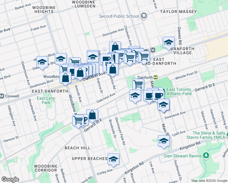 map of restaurants, bars, coffee shops, grocery stores, and more near in Toronto