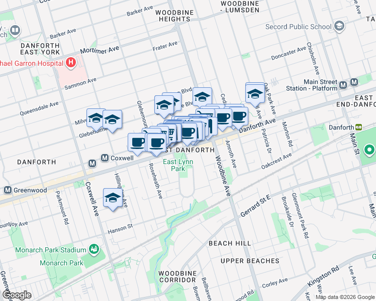map of restaurants, bars, coffee shops, grocery stores, and more near in Toronto