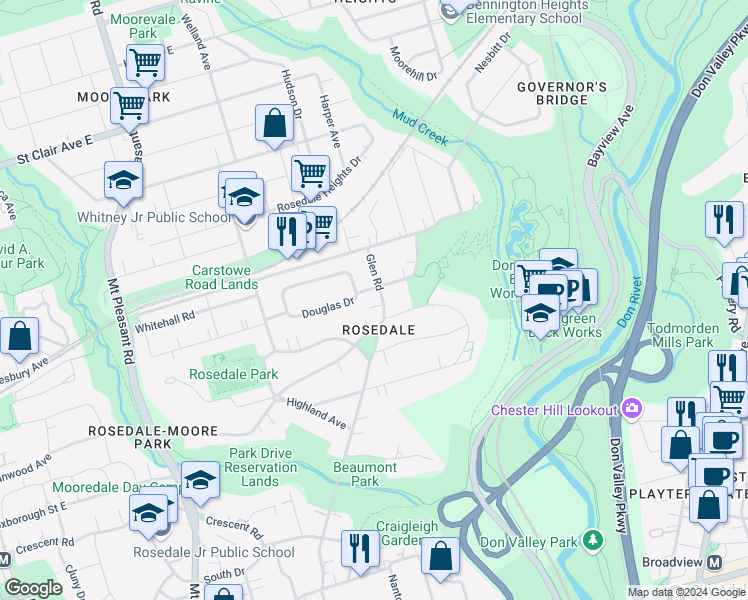 map of restaurants, bars, coffee shops, grocery stores, and more near 157-159 Glen Road in Toronto