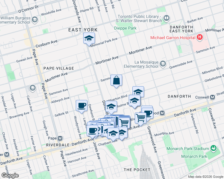 map of restaurants, bars, coffee shops, grocery stores, and more near 24 Wiley Avenue in Toronto