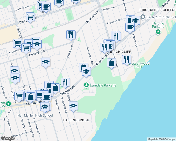 map of restaurants, bars, coffee shops, grocery stores, and more near 1316 Kingston Road in Toronto