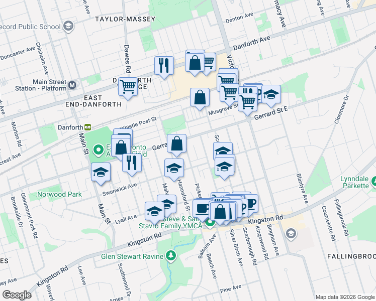 map of restaurants, bars, coffee shops, grocery stores, and more near 215 Pickering Street in Toronto