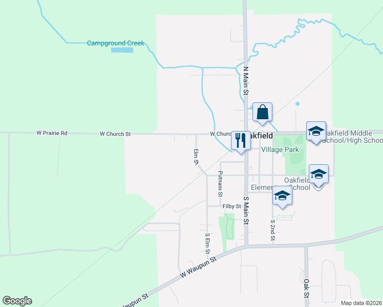 map of restaurants, bars, coffee shops, grocery stores, and more near 118 Elm Street in Oakfield