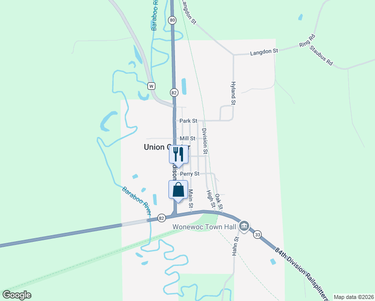 map of restaurants, bars, coffee shops, grocery stores, and more near 322 Division Street in Wonewoc