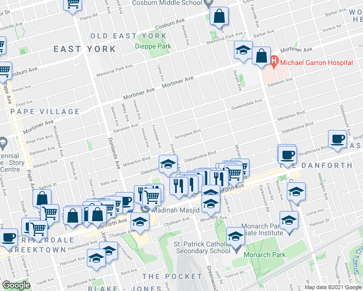 map of restaurants, bars, coffee shops, grocery stores, and more near 216 Milverton Boulevard in Toronto
