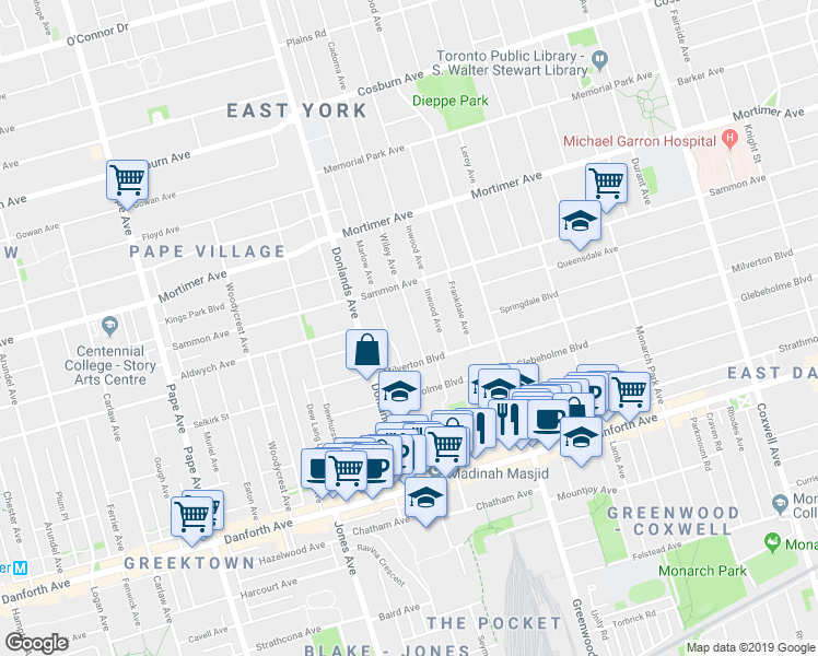 map of restaurants, bars, coffee shops, grocery stores, and more near 24 Wiley Avenue in Toronto