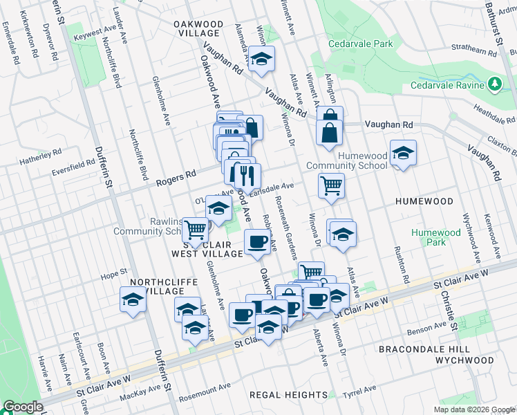 map of restaurants, bars, coffee shops, grocery stores, and more near 154 Robina Avenue in Toronto