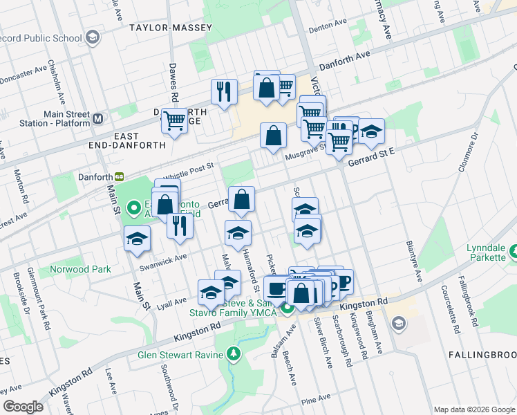 map of restaurants, bars, coffee shops, grocery stores, and more near 215 Pickering Street in Toronto