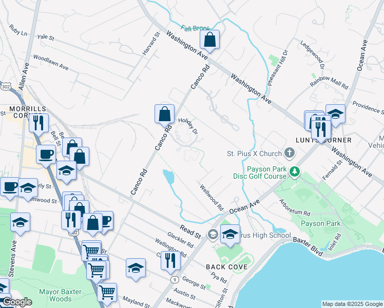 map of restaurants, bars, coffee shops, grocery stores, and more near 86 Holiday Drive in Portland