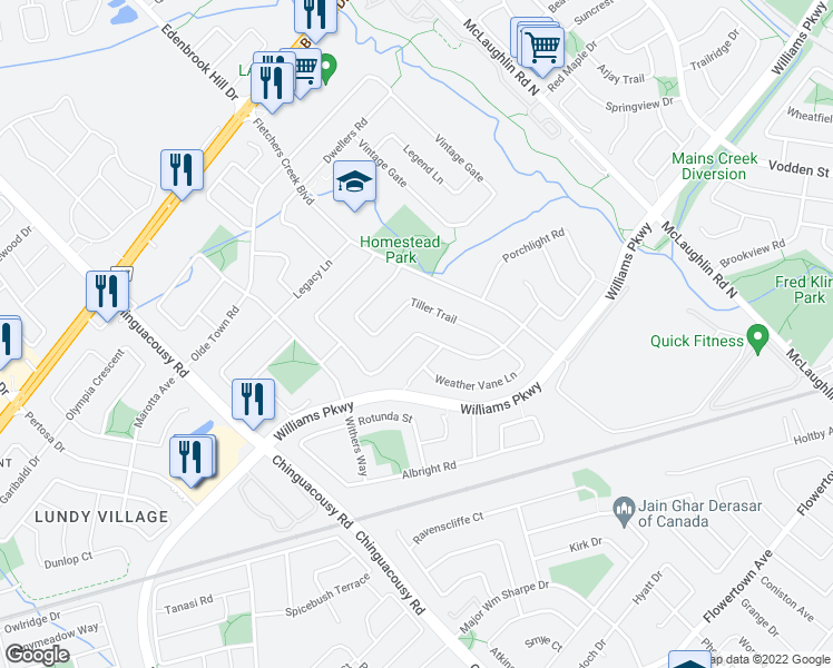 map of restaurants, bars, coffee shops, grocery stores, and more near Binder Twine Trail in Brampton