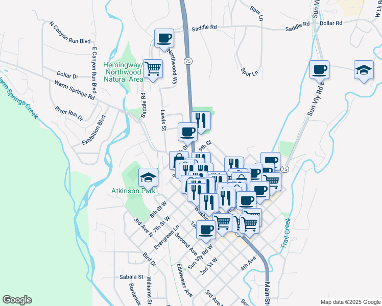 map of restaurants, bars, coffee shops, grocery stores, and more near 931 North Main Street in Sun Valley