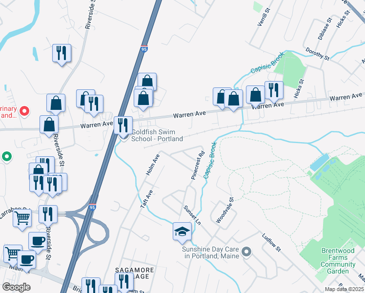 map of restaurants, bars, coffee shops, grocery stores, and more near 30 Aspen Drive in Portland
