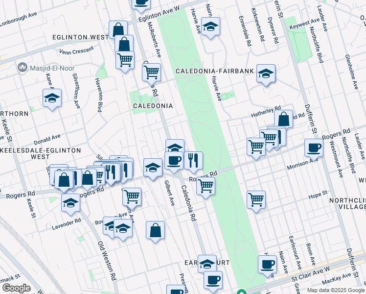 map of restaurants, bars, coffee shops, grocery stores, and more near 8 Corby Avenue in Toronto