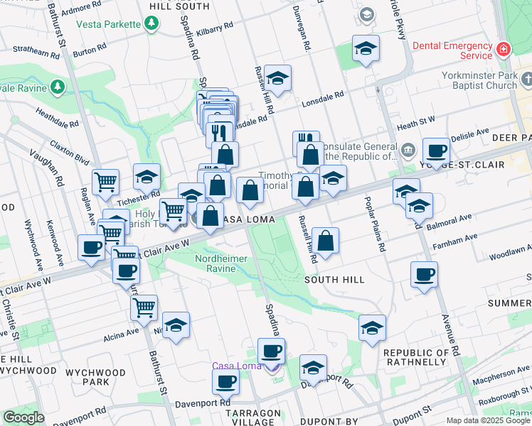 map of restaurants, bars, coffee shops, grocery stores, and more near 6 Parkwood Avenue in Toronto