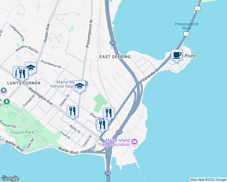 map of restaurants, bars, coffee shops, grocery stores, and more near 33 Hodgins Street in Portland