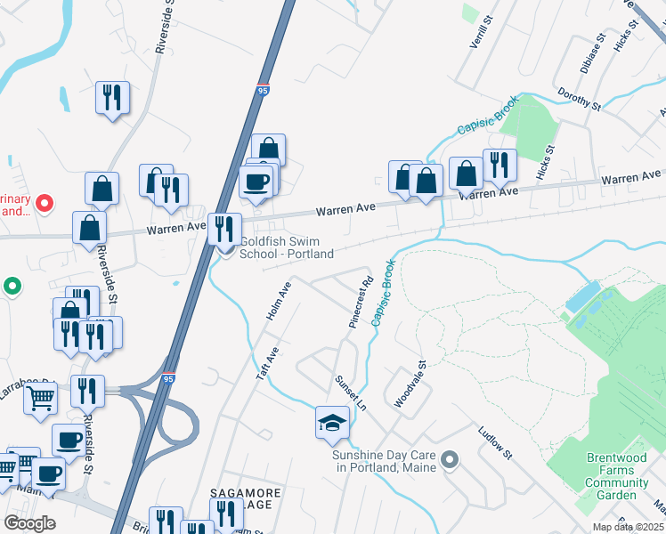 map of restaurants, bars, coffee shops, grocery stores, and more near 30 Aspen Drive in Portland
