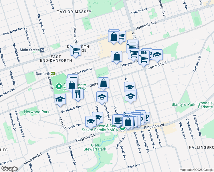 map of restaurants, bars, coffee shops, grocery stores, and more near in Toronto