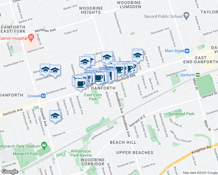 map of restaurants, bars, coffee shops, grocery stores, and more near in Toronto
