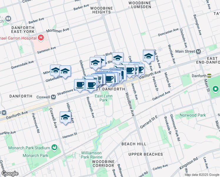 map of restaurants, bars, coffee shops, grocery stores, and more near in Toronto