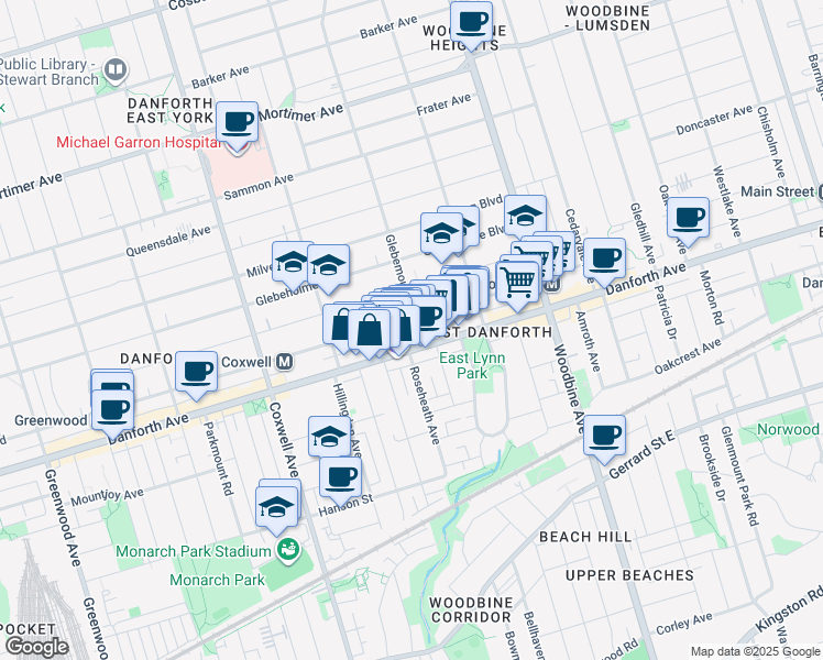 map of restaurants, bars, coffee shops, grocery stores, and more near 1776 Danforth Avenue in Toronto
