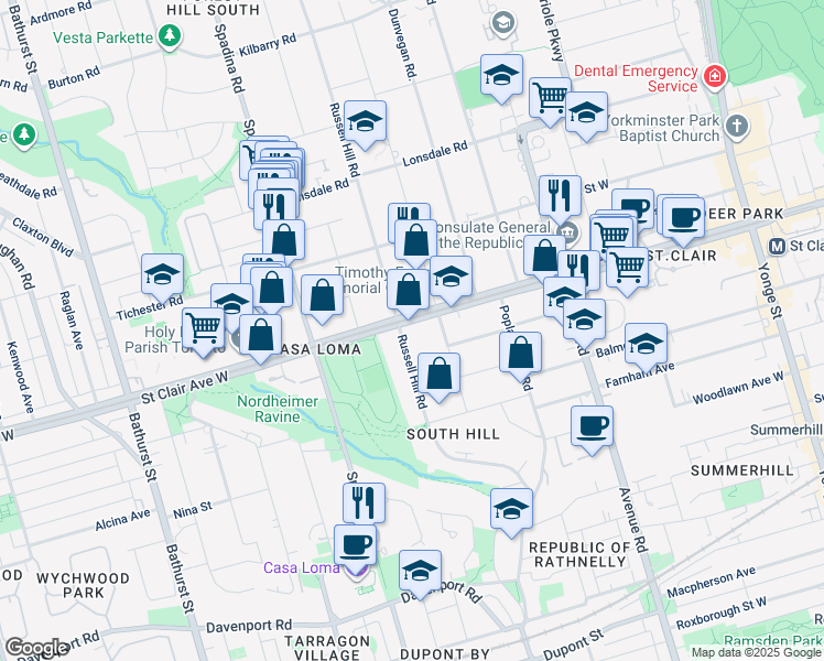 map of restaurants, bars, coffee shops, grocery stores, and more near 253 Russell Hill Road in Toronto