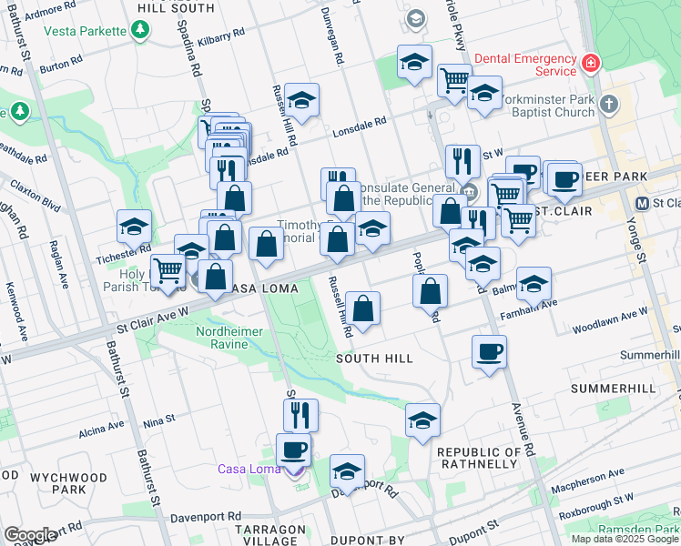 map of restaurants, bars, coffee shops, grocery stores, and more near 263 Russell Hill Road in Toronto