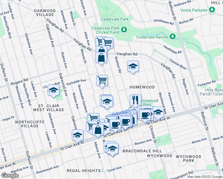 map of restaurants, bars, coffee shops, grocery stores, and more near in Toronto