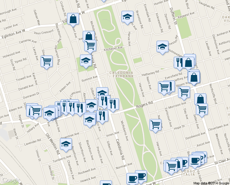map of restaurants, bars, coffee shops, grocery stores, and more near 359 McRoberts Avenue in Toronto