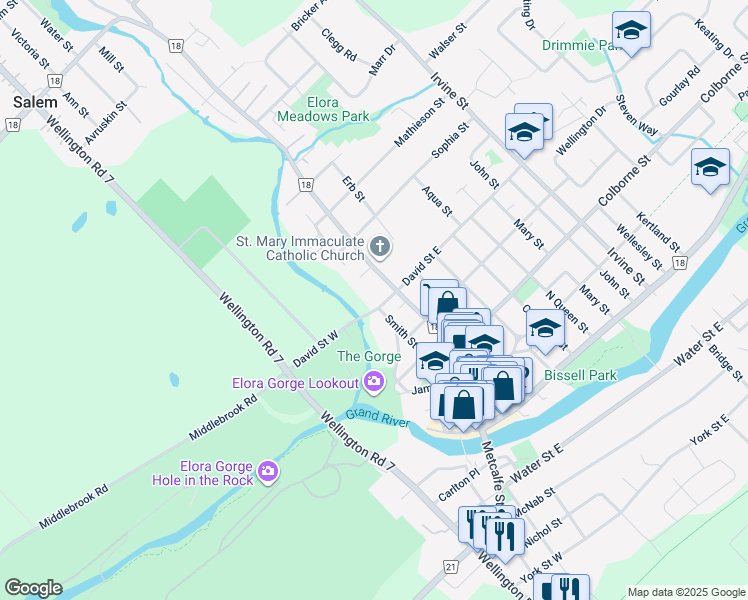 map of restaurants, bars, coffee shops, grocery stores, and more near 220 Smith Street in Elora