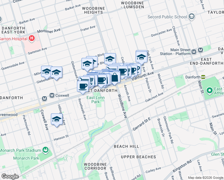 map of restaurants, bars, coffee shops, grocery stores, and more near 88 Moberly Avenue in Toronto