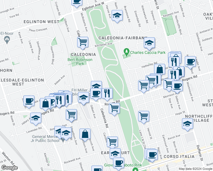 map of restaurants, bars, coffee shops, grocery stores, and more near 385 McRoberts Avenue in Toronto