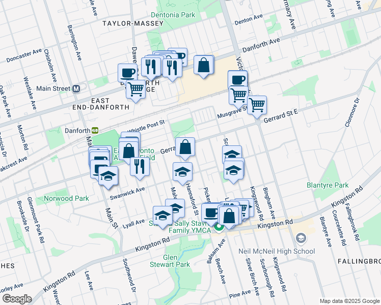 map of restaurants, bars, coffee shops, grocery stores, and more near 226 Pickering Street in Toronto