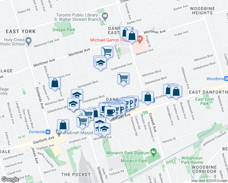 map of restaurants, bars, coffee shops, grocery stores, and more near 212 Monarch Park Avenue in Toronto