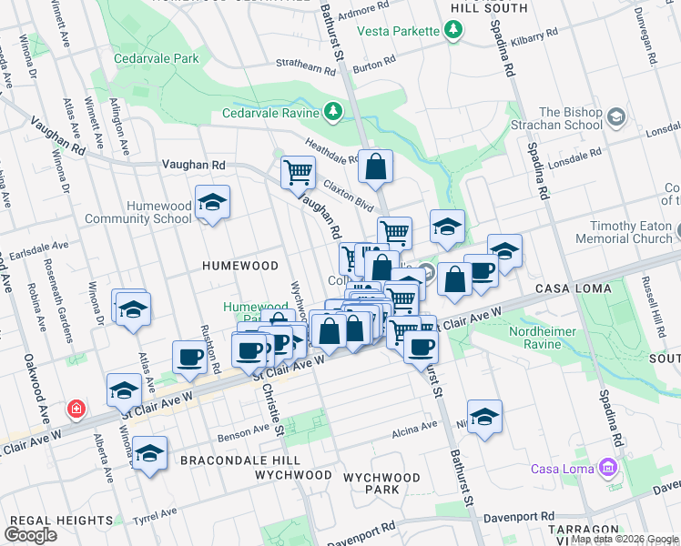 map of restaurants, bars, coffee shops, grocery stores, and more near 142 Vaughan Road in Toronto
