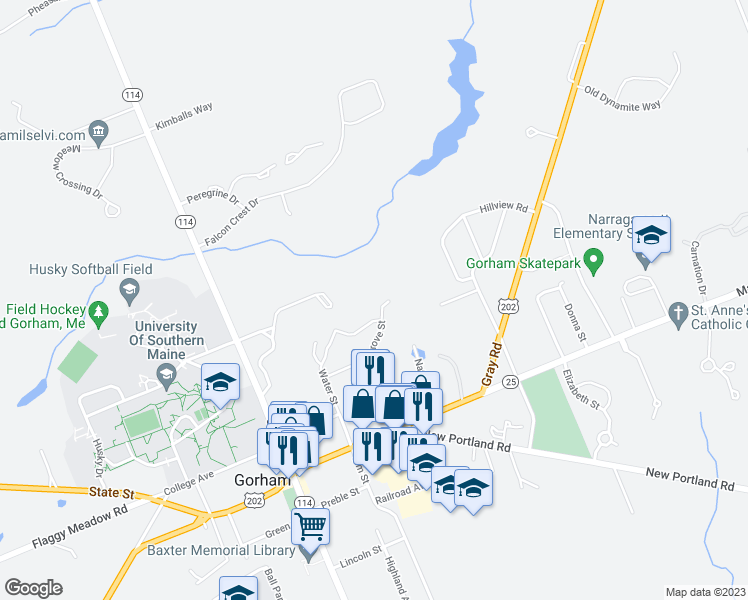 map of restaurants, bars, coffee shops, grocery stores, and more near 11 Dogwood Lane in Gorham