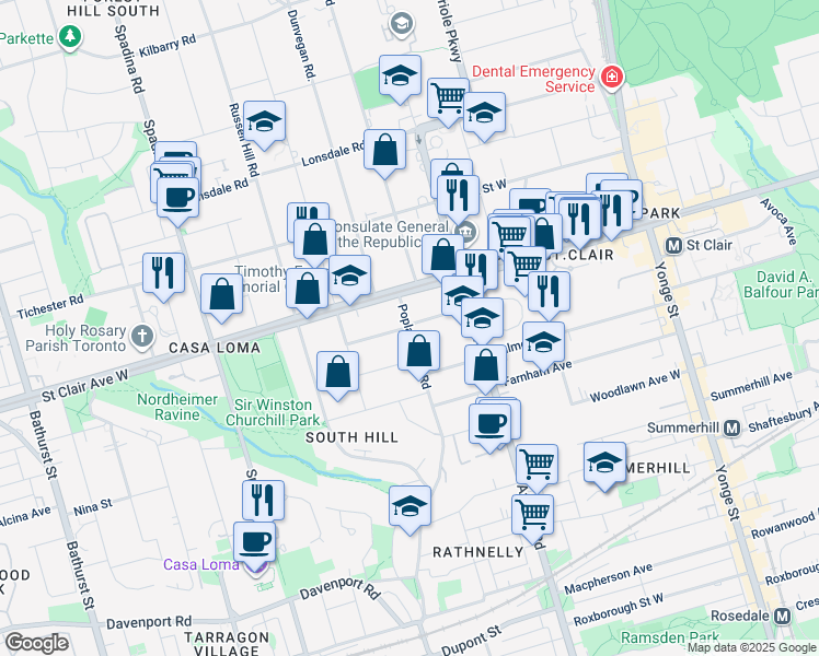map of restaurants, bars, coffee shops, grocery stores, and more near 249 Poplar Plains Road in Toronto