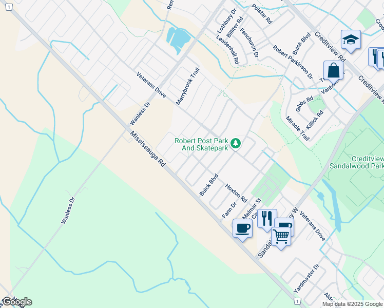 map of restaurants, bars, coffee shops, grocery stores, and more near Muscovy Drive in Brampton