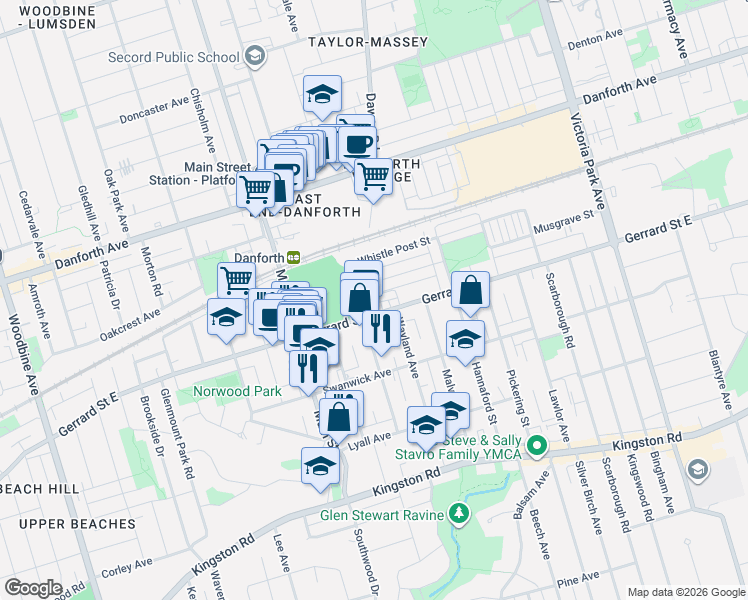 map of restaurants, bars, coffee shops, grocery stores, and more near in Toronto