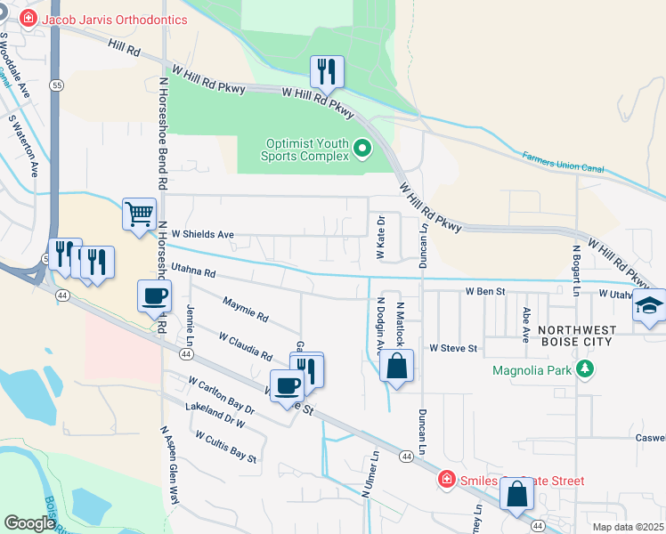 map of restaurants, bars, coffee shops, grocery stores, and more near 9772 Utahna Road in Boise