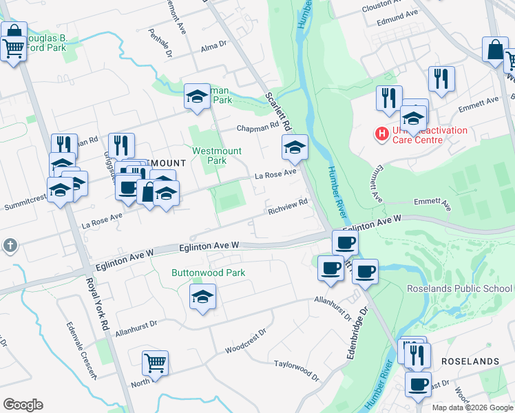 map of restaurants, bars, coffee shops, grocery stores, and more near 408-61 Richview Road in Toronto