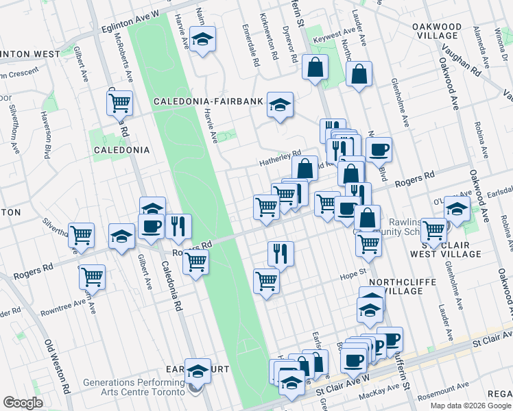 map of restaurants, bars, coffee shops, grocery stores, and more near Teignmouth Avenue in Toronto