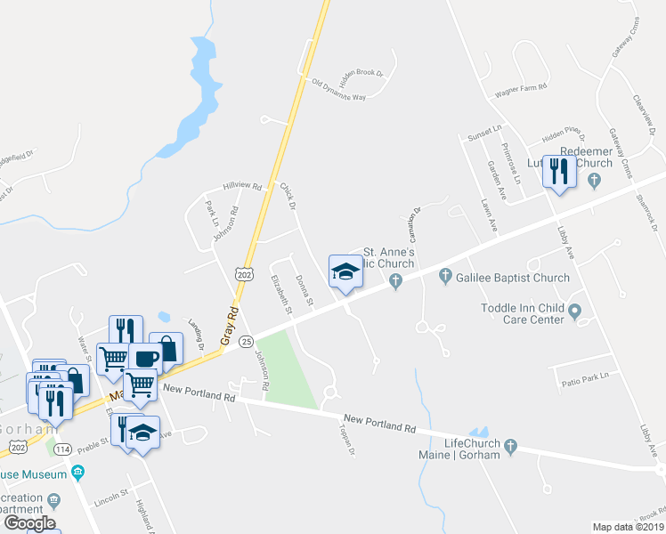 map of restaurants, bars, coffee shops, grocery stores, and more near 270 Main Street in Gorham
