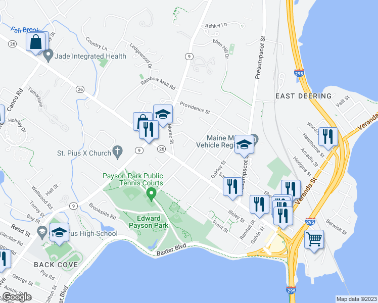 map of restaurants, bars, coffee shops, grocery stores, and more near 24 East Kidder Street in Portland