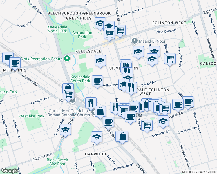 map of restaurants, bars, coffee shops, grocery stores, and more near 31 Rotherham Avenue in Toronto