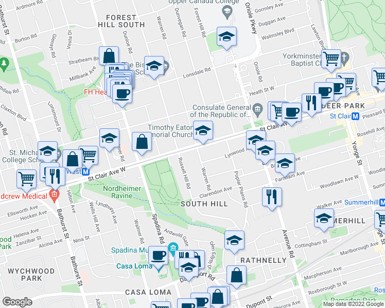 map of restaurants, bars, coffee shops, grocery stores, and more near 253 Russell Hill Road in Toronto