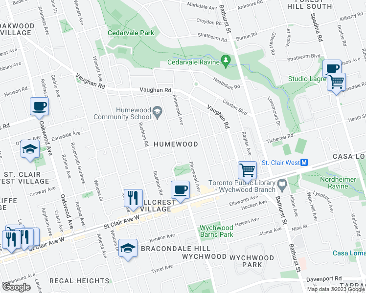 map of restaurants, bars, coffee shops, grocery stores, and more near 82 Pinewood Avenue in Toronto